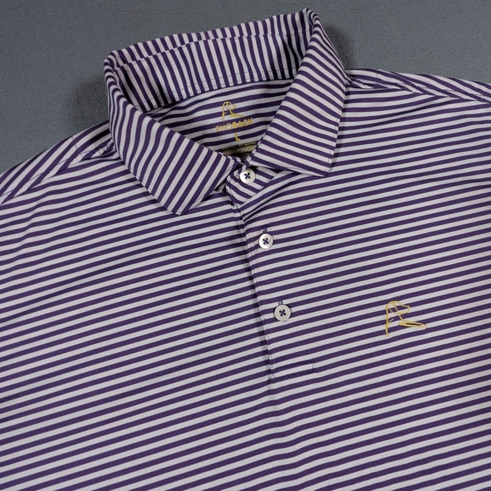 Rhoback Polo Shirt Mens Large Purple White Striped Performance Golf Short Sleeve